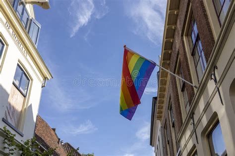 Colores Del Arcoiris De La Bandera De La Comunidad Gay Saludando Con Orgullo Foto De Archivo