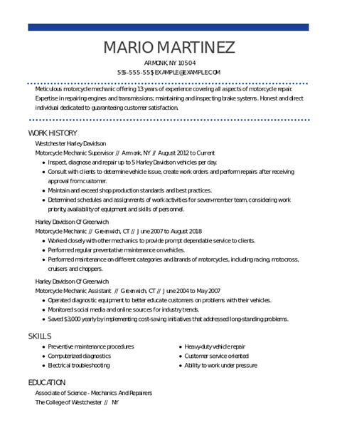 Professional Motorcycle Mechanic Resume Examples