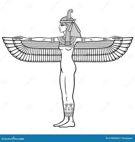 Animation Linear Portrait Winged Goddess Of Justice Maat Full Growth