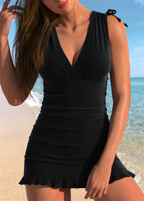 Wide Strap Ruched Black Swimdress Top Rosewe Usd