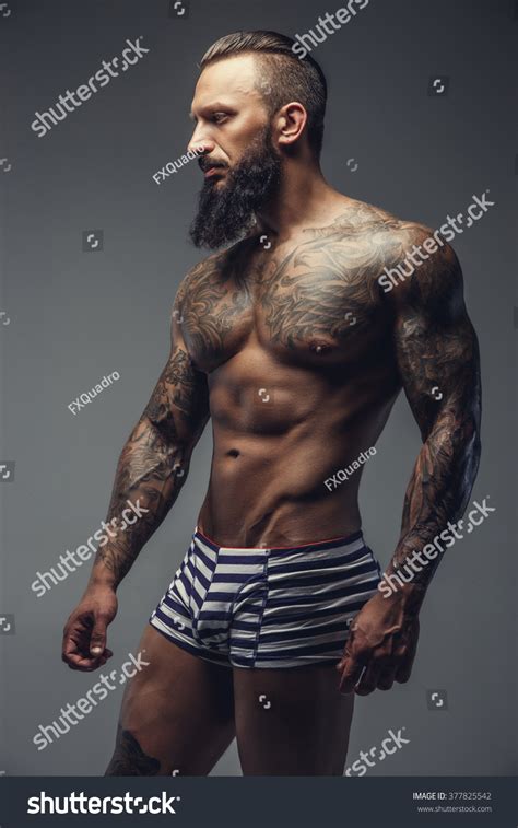 Naked Bearded Man Tattooed Body Standing Stock Photo 377825542