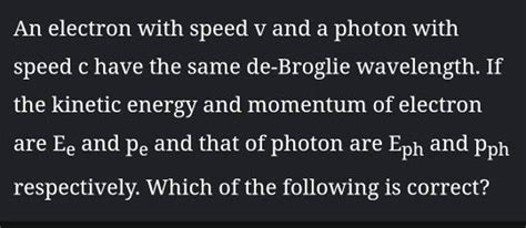 An Electron With Speed V And A Photon With Speed C Have The Same De Brogl