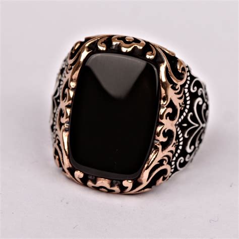 Unique Mens Ring Vintage Onyx Engraved Rectangle Wedding Ring Etsy