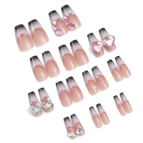 Press On Nails Nude Shade Black French Tips Diamond Accents Rainboo Beauty