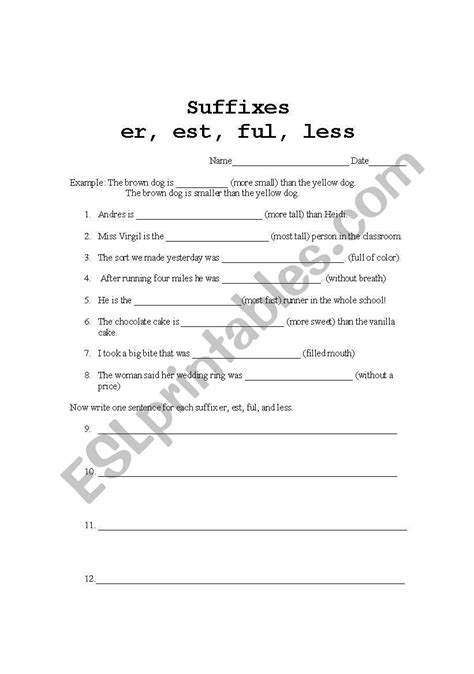 Suffixes Er Est Ful Less Esl Worksheet By Roxychc66