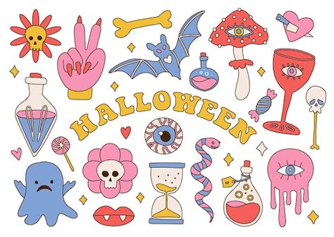 Premium Vector Groovy Halloween Elemenst Set In Retro Hippie S Style