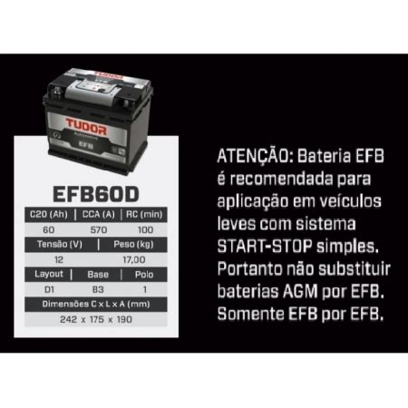 Bateria Tudor Ah V Efb D Start Stop Loja Gru Baterias