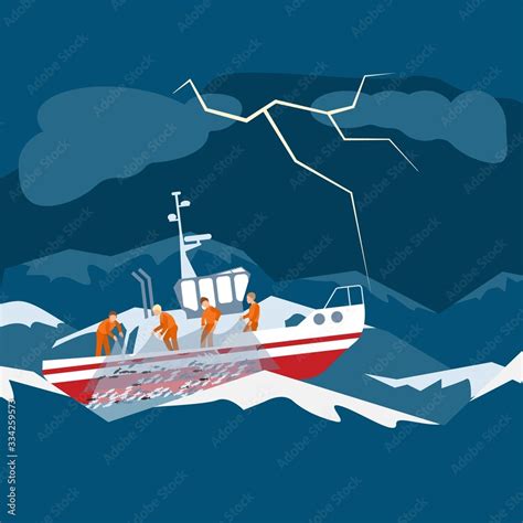 Character Fishing Boat Team Vessel In Thunderstorm Catch Fish In Sea