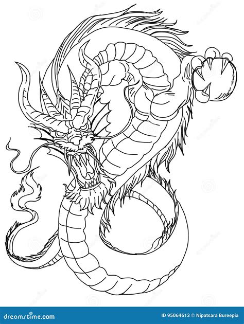 Hand Drawn Chinese Dragon Tattoo Design Stock Illustration