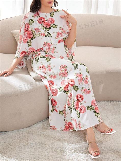 Shein Najma Women Elegant Floral Printed Batwing Sleeve Long Dress For