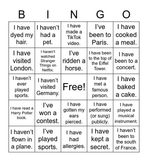 Present Perfect Bingo Card