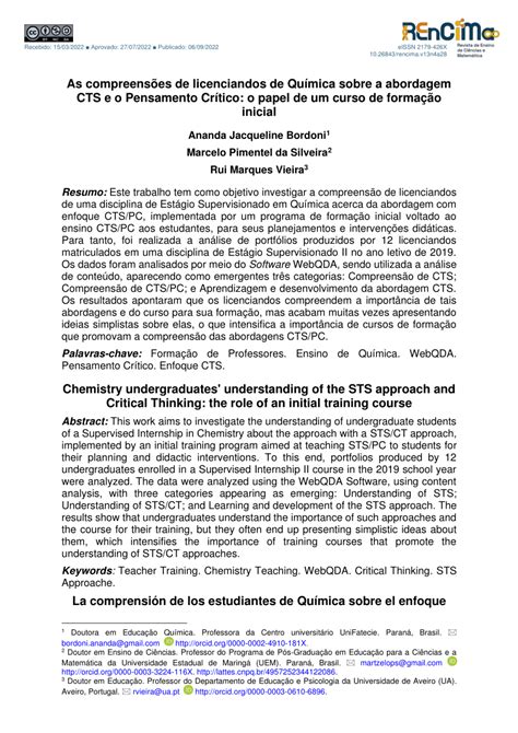 Pdf As Compreensões De Licenciandos De Química Sobre A Abordagem Cts E O Pensamento Crítico O