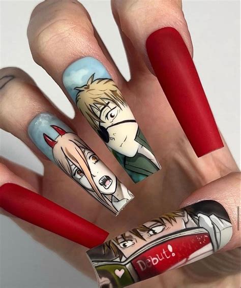 Chainsaw Man Anime Nails 🩸 Hand Painted Anime Nails Nail Designs Nails