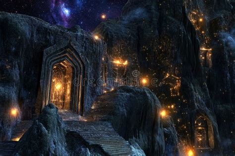 A Mystical 3D Background of a Starlit Temple Built into the Side of a ...