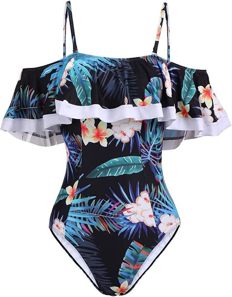 HaiDean Damen Bikini Einteiler Badeanzug Blumen Bademode Schulterfrei