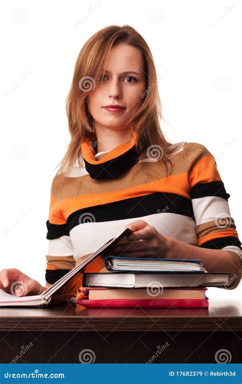 Young Teacher Woman Sitting At The Desk Stock Image Image Of Female