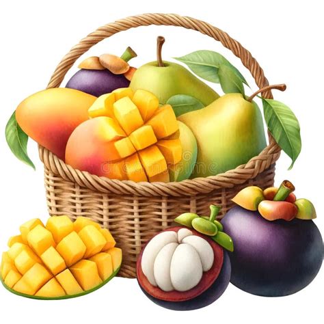 Basket of Fruit, Fresh Fruit Watercolor Illustration on a White ...