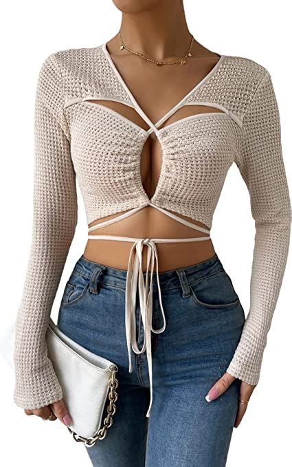 Floerns Women S Cut Out Tie Front Sweatheart Neck Waffle Knit Crop Top