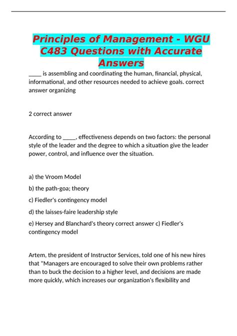 Principles of Management - WGU C483 Questions with Accurate Answers