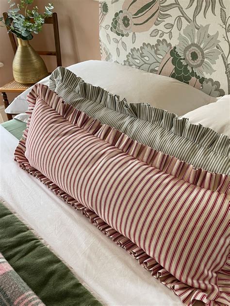 Extra Large Ruffled Lumbar Cushion Cover Striped Frilled Pillow Red