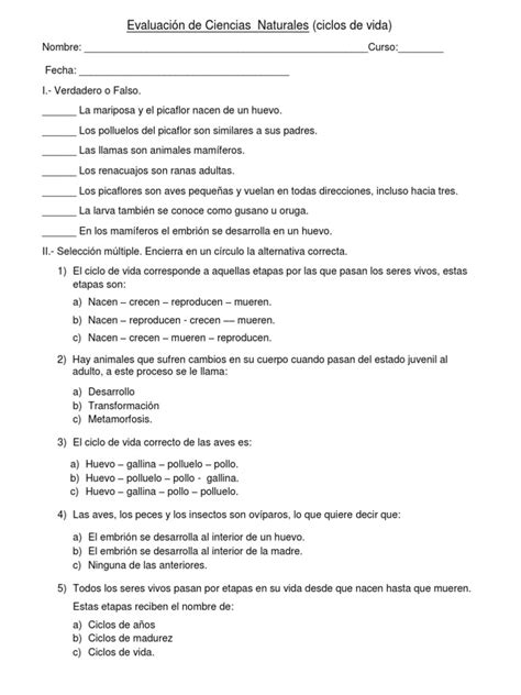 Ievaluación De Ciencias Naturales Ciclos De Vida Pdf Huevo Pollo