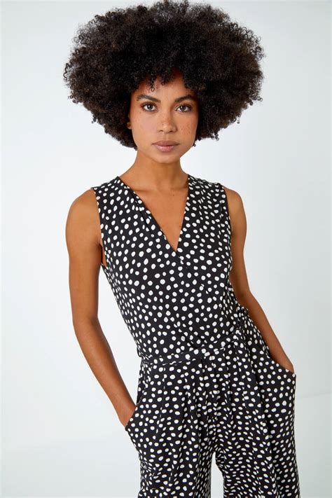 Black Sleeveless Spot Culotte Stretch Jumpsuit Roman Uk