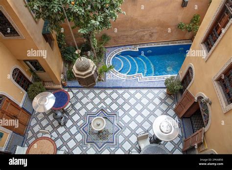 Morocco, Fes, Riad, courtyard, pool Stock Photo - Alamy