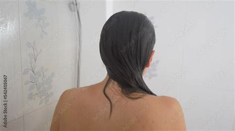 Naked Woman With Long Hair Takes Shower Reasonable Waste Of Water On Water Procedures Morning