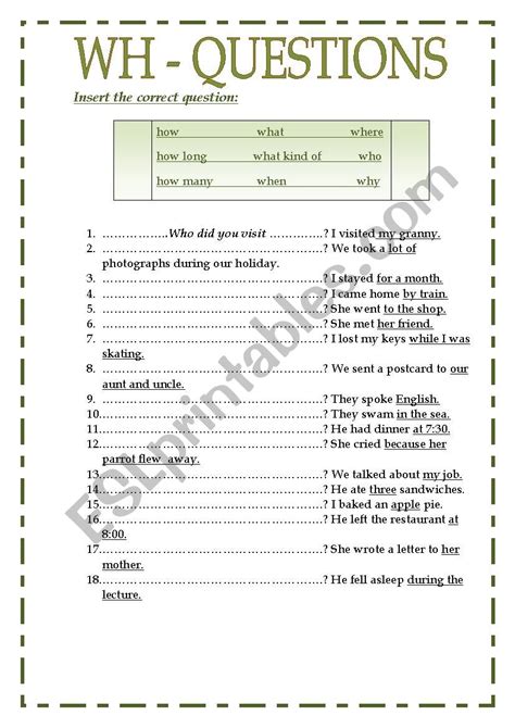 Wh Questions Using Simple Past Esl Worksheet By Marce0688