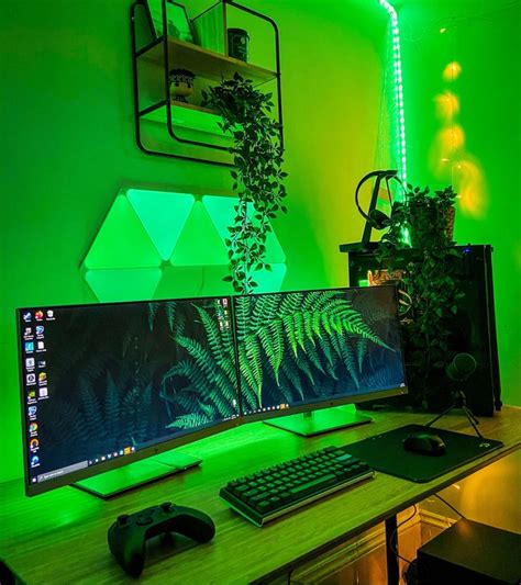 Green Gaming Pc Setup In Gaming Room Setup Video Game Room