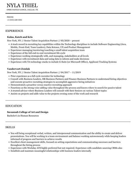 Senior Talent Acquisition Partner Resume Samples Velvet Jobs