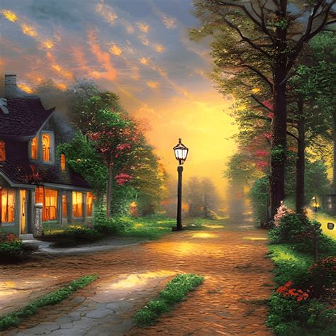 Sunset On Lamplight Lane THOMAS KINKADE STYLE Painting Creative Fabrica