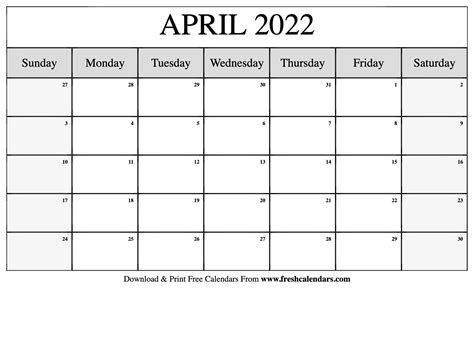 Printable April 2022 Calendar