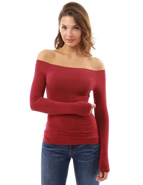 Womens Off Shoulder Long Sleeve Top Deep Red Cn12ltx6it5 Womens