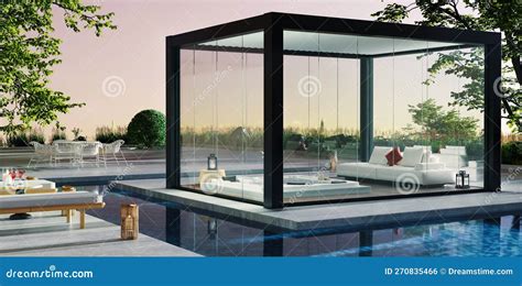 3d Render Of Private Pergola With Glass Slides And Jacuzzi Stock