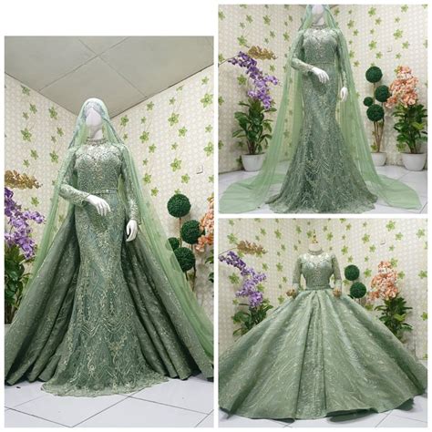 Jual Gaun Pengantin Model 3 In 1 Sudah Full Payet Warna Hijau Sage