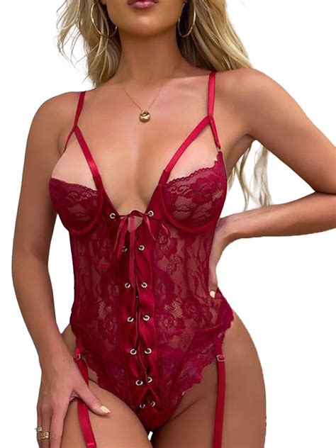 Justvh Women Lace Up Front Closure Sexy Lingerie Bodysuit Sexy Demi Cup