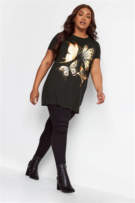 YOURS Plus Size Black Butterfly Print Glitter T Shirt Yours Clothing