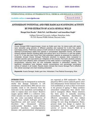 Antioxidant Potential And Free Radicals Scavenging Activity By Ijpcbs