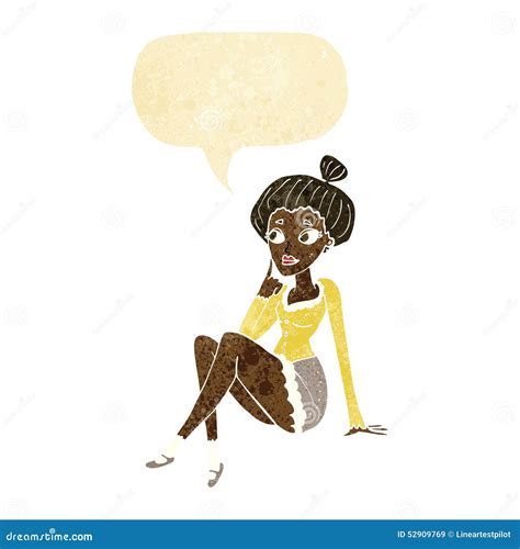 Cartoon Attractive Woman Sitting Thinking With Speech Bubble Stock