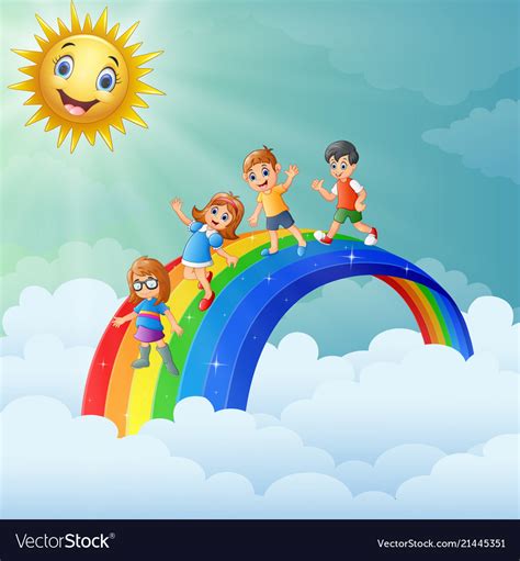 Children Standing Over The Rainbow With Smiling Su