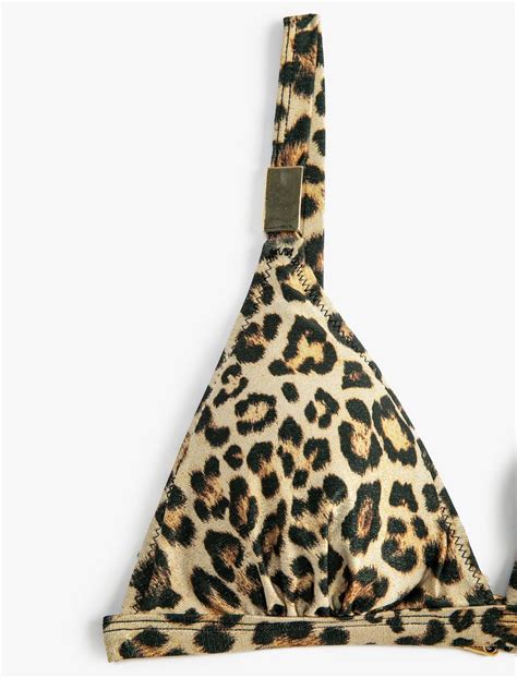 Siyah Kadın Üçgen Bikini Üstü Leopar Desenli Metal Aksesuarlı Kaplı 3SAK10178BM Koton