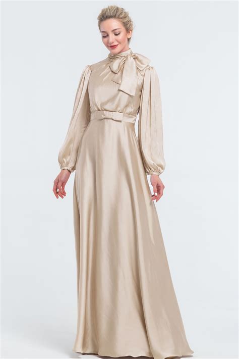 Modest Mormon Champagne Satin Bridesmaid Dresses Long Sleeves In 2023