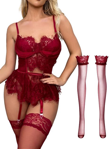 Lilosy Sexy Garter Underwire Push Up Floral Lace Eyelash Sheer Babydoll Lingerie Women Teddy