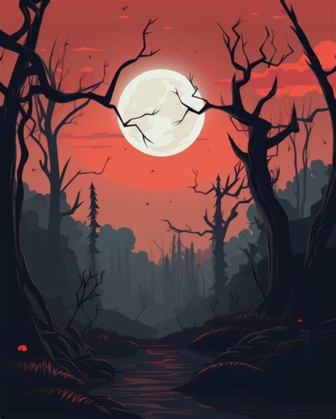 Una ilustración de un bosque con luna llena al fondo Foto Premium