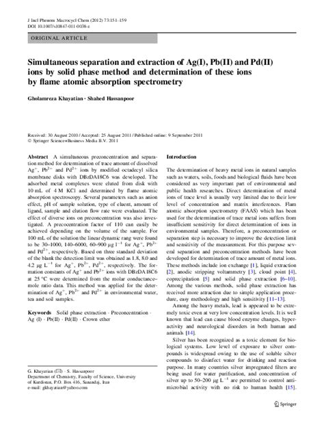 Pdf Simultaneous Separation And Extraction Of Ag I Pb Ii And Pd