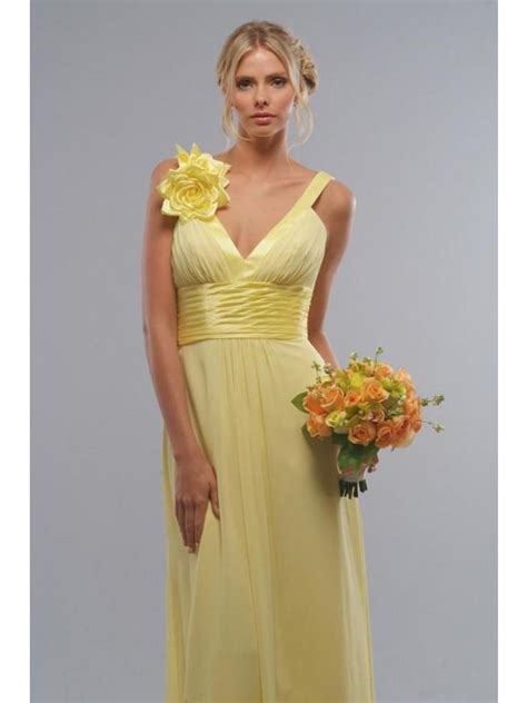 Long Bridesmaid Dresses Yellow Chiffon Flower V Neck Prlog