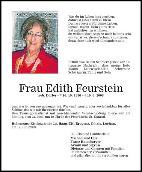 Todesanzeigen Von Edith Feurstein Todesanzeigen Vorarlberger Nachrichten