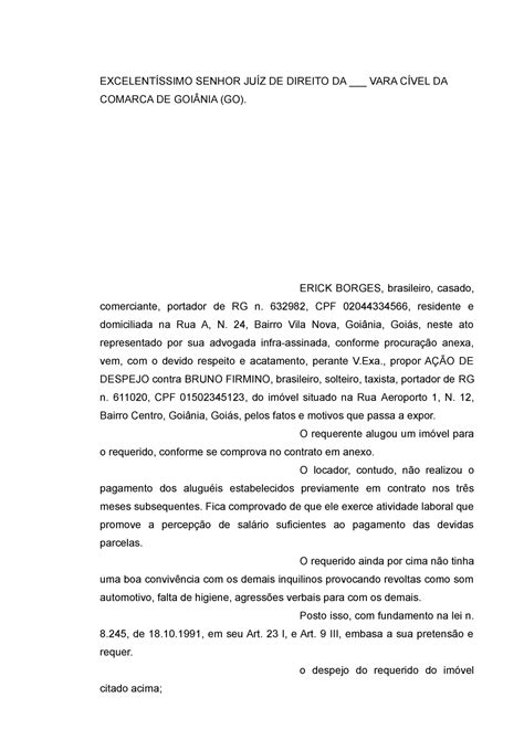 Petição Inicial modelo EXCELENTÍSSIMO SENHOR JUÍZ DE DIREITO DA