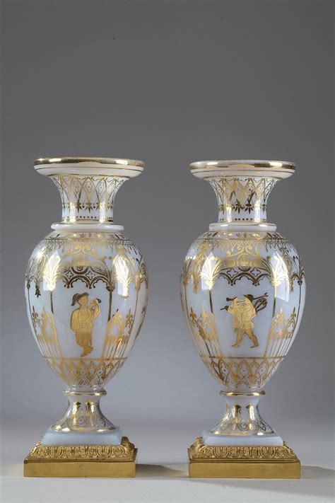 Pair Of White Opaline Vases Decorated With Gilded Gothic Arcades And